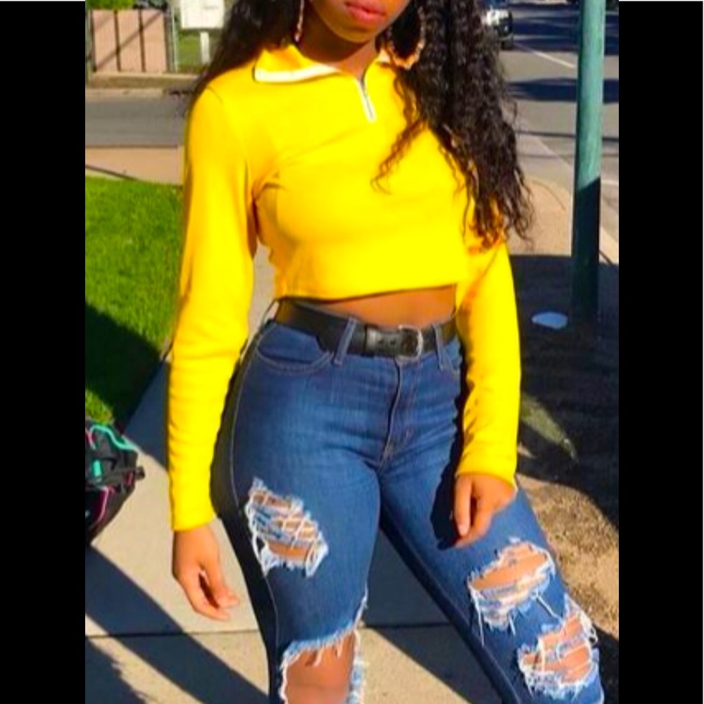 Yellow W/ White Trim Turndown Collar Quarter Zip W/Ring Zipper LS Crop Shirt